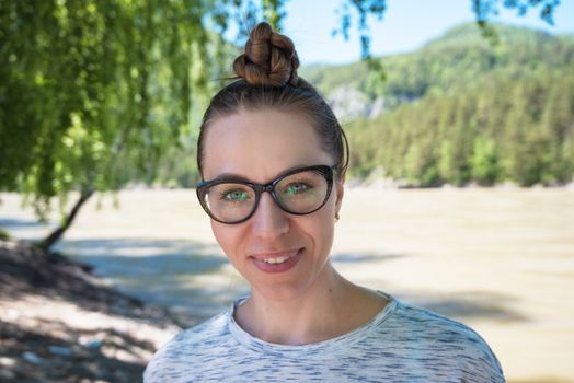 Woman in Altai mountain, closeup portrait