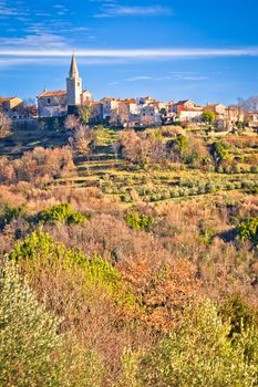 Idyllic hill village of Groznjan panoramic view, landscape and architecture of Istria, Croatia