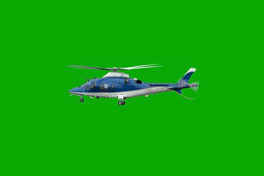 White and blue helicopter in flight, before landing with landing gear down, isolated on chroma green background