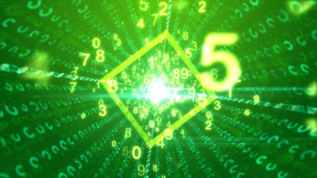 A stimulating 3d rendering of whirling yellow numbers with a big five passing through a cubic tube with a bright center and social media communication lines in the green backdrop. 