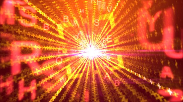 A stunning 3d rendering of soaring yellow letters with big S, U, and A, moving through a square portal with a shining center and lines from crosses and chains in the purple backdrop. 