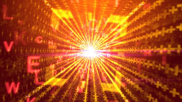 An optimistic 3d illustration of spinning yellow letters with capital E, V, W, passing through a square portal with a shining sun and rays of communication in the purple backdrop. 