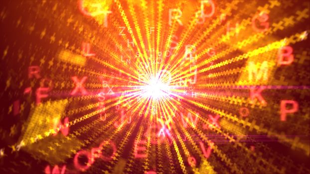 A cheerful 3d rendering of whirling yellow letters with capital O, R, X, passing through a cubic pipeline with a glitzy sun and rays of social media in the purple backdrop. 