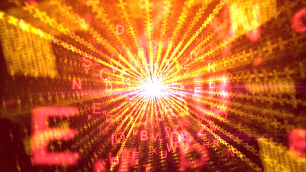 A cheery 3d illustration of twirling yellow letters with capital E, U, P, moving through a square tunnel with plasma center and rays of social messages in the purple backdrop. 