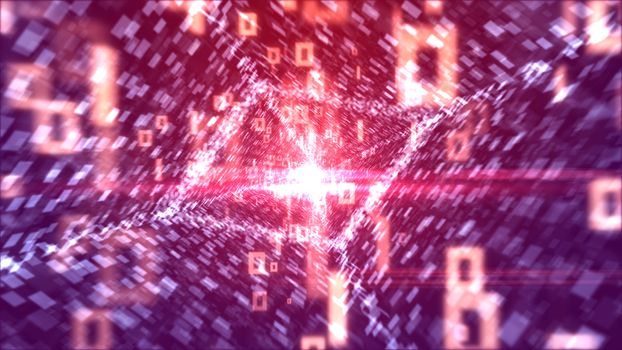 A striking 3d rendering of dashing white zeroes and ones going through a rhomboid portal looking like an all-seeing eye with lines of social media info in the violet background. 