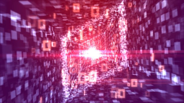 A gorgeous 3d illustration of rushing white zeroes and ones going through a rhomboid tunnel looking like a crystalline diamond with stripes of social info in the violet backdrop. 