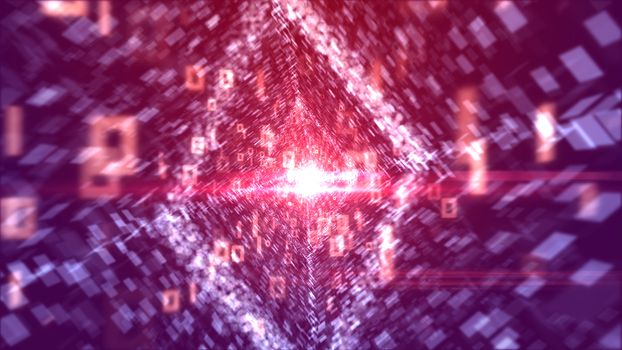A splendid 3d illustration of flying white zeroes and ones passing through a rhomboid passage looking like a brilliant lozenge with stripes of communication info in the violet backdrop. 