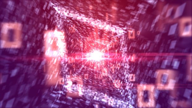 A wonderful 3d illustration of speedy white zeroes and ones passing through a rhomboid way looking like a gleaming lozenge with straight rows of info in the violet backdrop. 