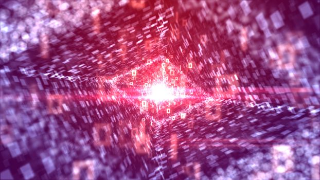 An innovative 3d illustration of dashing white zeroes and ones going through a rhomboid pipeline looking like an all-seeing and powerful media eye in the violet background. 