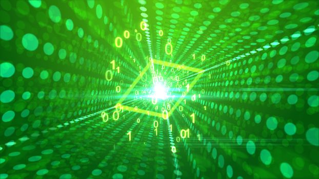 A jolly 3d rendering of dancing yellow zeroes and ones presenting an optimistic message going through a rhombus tunnel in the light green backdrop with sparkling spotty lines. 