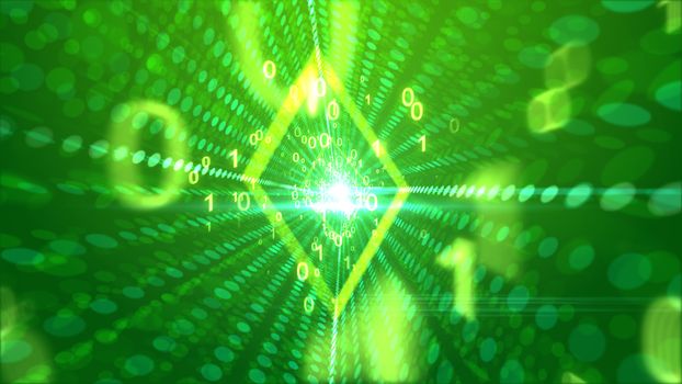 A merry 3d illustration of flying yellow zeroes and ones presenting a cheerful memo going through a rhombus portal in the light green backdrop with glitzy dotty lines. 