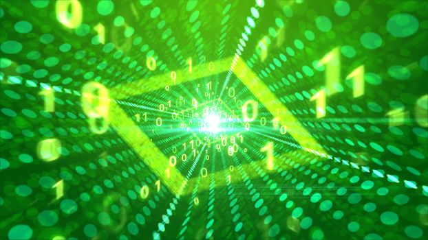 A positive 3d illustration of soaring golden zeroes and ones going through a rhomboid portal looking like a smiling all-seeing media eye in the green background with dotty lines. 