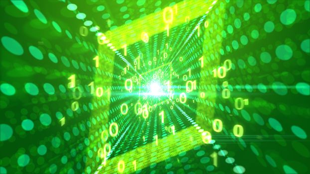 A jovial 3d rendering of entertaining golden zeroes and ones flying through a rhomboid portal looking like a laughing all-seeing media eye in the green backdrop with spotty lines. 