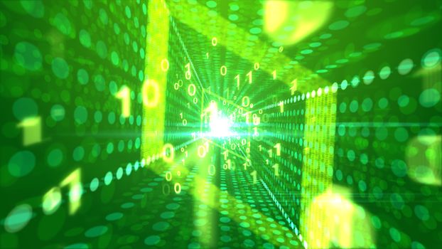 A happy 3d illustration of hilarious golden zeroes and ones passing through a rhomboid portal in the light green backdrop with spotty lines of social media information 