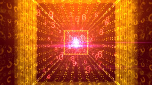 A cheery 3drendering of twirling golden numbers moving through a square yellow tunnel with plasma center and optimistic beams of social messages in the purple backdrop. 