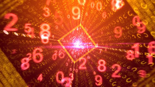 A happy 3drendering of dancing pink and yellow numbers passing through a square golden tunnel with sparkling center and optimistic media beams in the purple backdrop. 