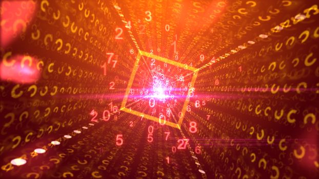 A hilarious 3drendering of dancing pink and yellow numbers passing through a square golden portal with shining center and optimistic media rays in the purple backdrop. 