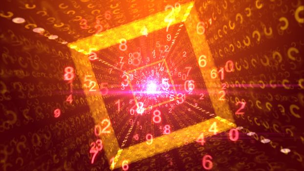 A celebratory 3d rendering of twirling pink and yellow digits flying in a square golden tunnel put aslant with a sparkling center and cheery media beams in the purple backdrop. 