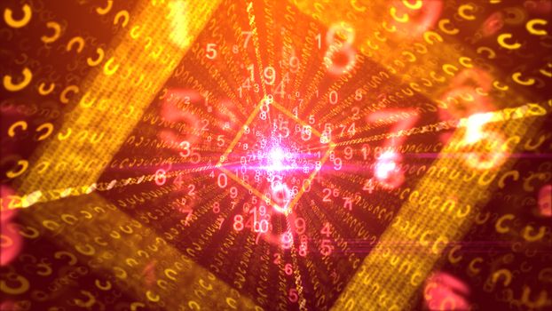 An amazing 3d illustration of flying rosy and yellow digits in a square golden portal with lines of yellow horseshoes, a dazzling center and jolly media rays in the purple background. 
