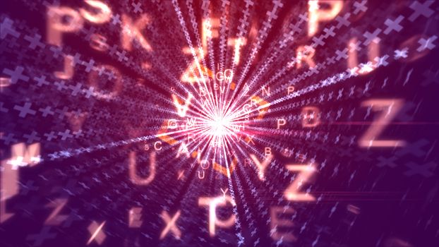 A superb 3d illustration of flying yellow numbers passing through a square passage looking like a cyberspace portal with stripes of communication messages in the violet backdrop. 