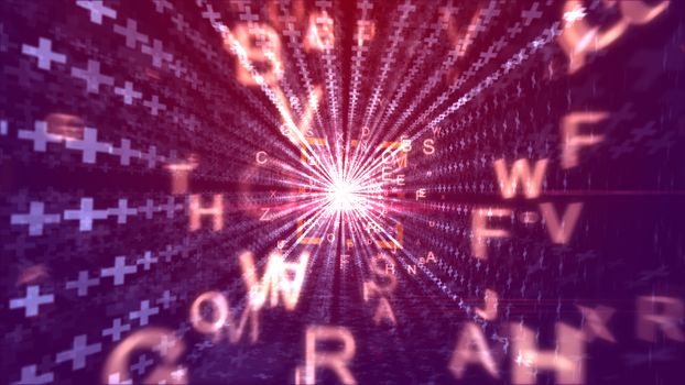 A fantastic 3d rendering of flying yellow numbers going through a square channel looking like a computer world portal with stripes of communication crosses in the violet backdrop. 