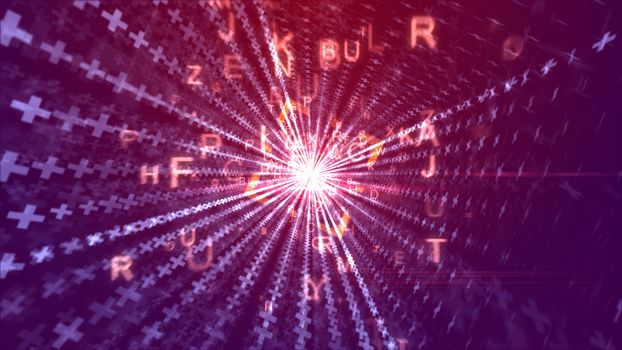 An astonishing 3d illustration of dashing yellow digits going through a square passage looking like a pc portal with lines of crosses and a sunny midpoint in the violet backdrop. 