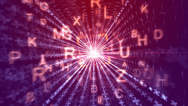A striking 3d illustration of surging yellow digits moving in a square passage looking like a pc tunnel with stripes of crosses and a sunny middle in the violet background