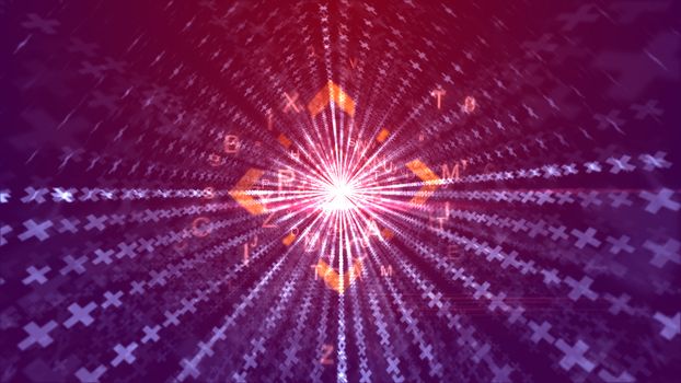 A stunning 3d rendering of flying orange letters going through an orange square way looking like a media portal with lines of crosses and a shining middle in the violet background. 