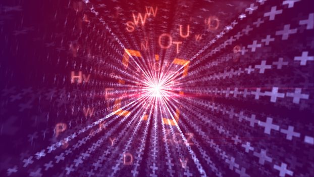 An arty 3d illustration of shimmering orange letters moving through an orange square passage with shining lines of crosses and a sparkling midpoint in the violet background. 
