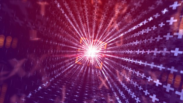 A geometrical 3d illustration of a time portal outlined with an orange square and straight stripes from white crosses leading to a sparkling golden center in the violet background. 