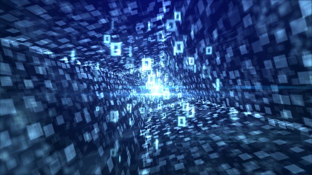 An exciting 3d illustration of soaring white zeroes and ones going through a rhomboid portal looking like a glitzy diamond with stripes of squares in the blue background. 