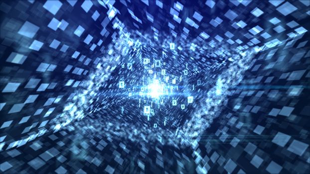An arty 3d illustration of flying bits of info going through a rhomboid pipeline looking like a bright lozenge with stripes of shimmering white squares in the blue background. 