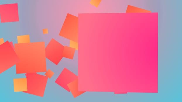 An enjoyable 3d rendering of spinning big and small squares of pink, violet, orange and brown colors entertaining cheerfully in the light blue background. They look optimistic