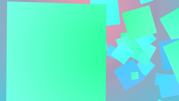 An exciting 3d rendering of whirling big and small squares of celeste and blue colors entertaining optimistically in the light violet background. They look cheery