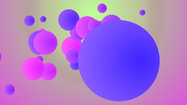 A hilarious 3d illustration of flying big and small balls of violet, purple and pink colors rushing hilariously in light rosy and purple background. They generate the mood of fun