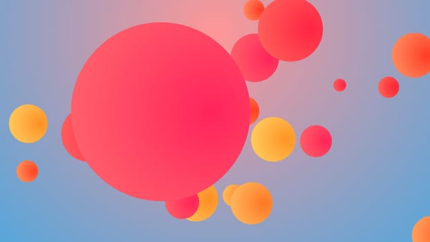 A joyful 3d illustration of whirling big and small balls of pink, red, orange colors entertaining happily in light rosy and blue background. They look funny and childish