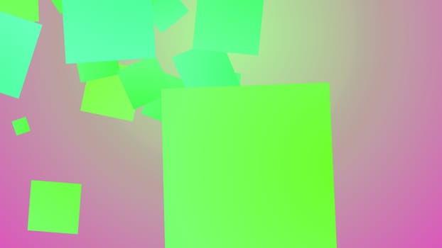 An amusing 3d illustration of flying big and small squares of salad, celeste and blue colors playing joyfully in light violet and white background. They look childish and funny.