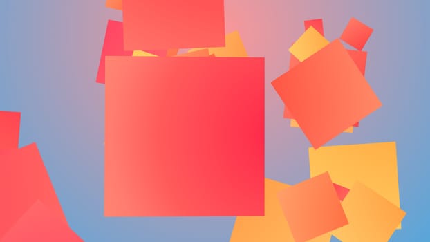 A funny 3d rendering of whirling big and small squares of red, brown and orange colors playing cheerfully in light blue and violet background. They look childish and full of life.