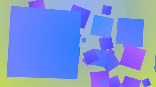 A humorous 3d rendering of spinning big and small squares of blue, violet, and dark blue colors playing cheerfully in light violet and white background. They look happy and jolly.