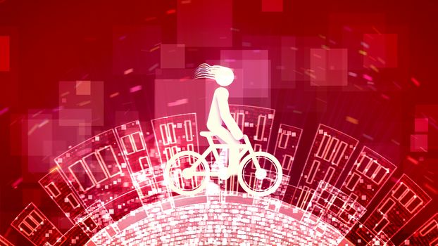 An inspiring 3d illustration of an abstract young man riding a white bicycle in the purple background. The round Earth with high buildings moves under the wheels.
