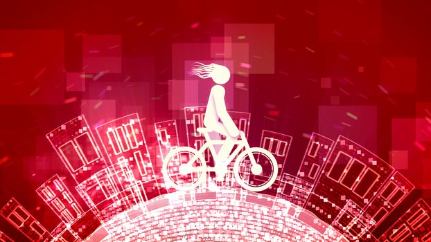 An encouraging 3d rendering of an abstract young man on a white bicycle in the purple background. The round Earth with high apartment blocks rotates below him.
