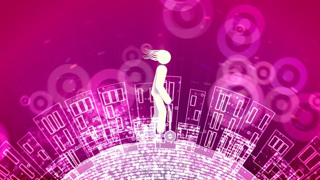 A jolly 3d illustration of an abstract young man riding a push scooter in the purple backdrop with see-through wheels. The Earth with high apartment blocks moves under him.