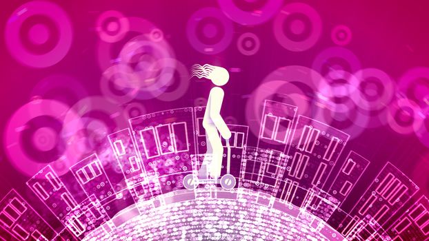 A joyful 3d rendering of an abstract young man propelling a push scooter in the purple backdrop with transparent wheels. The land with high houses rotates cheery under his wheels.