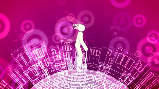 A cheery 3d illustration of an abstract young man pushing his kick vehicle in the purple backdrop with crystalline rounds. The sparkling land with houses rotates below.