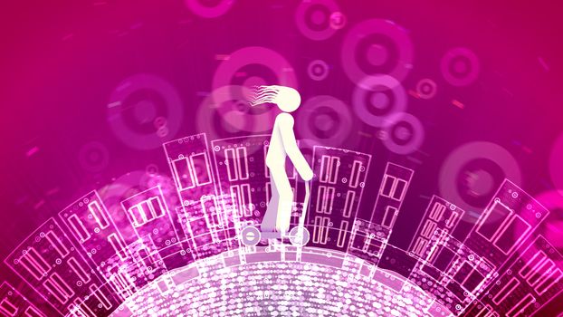 An optimistic 3d illustration of an abstract young guy with streaming hair riding his push vehicle and keeping the handlebar in the purple backdrop with crystalline wheels and houses. 