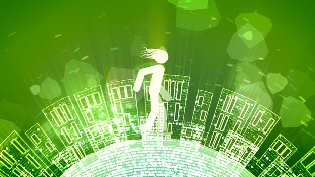 A cheery 3d rendering of an abstract young man riding a white skateboard in the green background. The Earth with high buildings and bubbles rotates under the wheels.