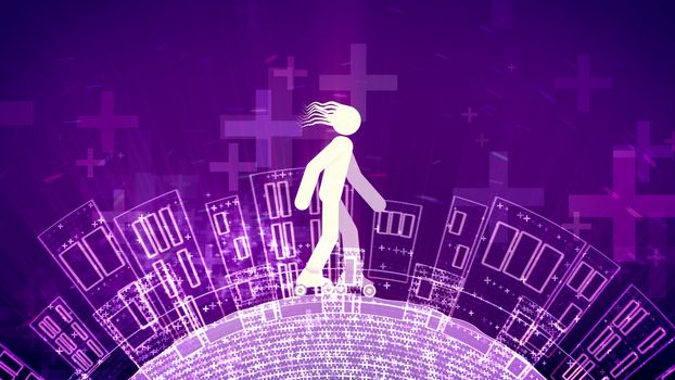 A childish 3d rendering of an abstract young man with streaming hair riding white roller skates in the violet backdrop. The ground with houses and crosses revolts below him.