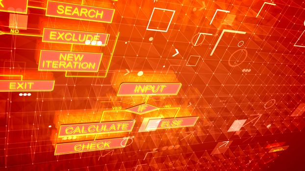 A luxury 3d illustration of electronic algorithms shimmering in the purple background with golden signs, networks, spots and shining icons interconnected with each other.