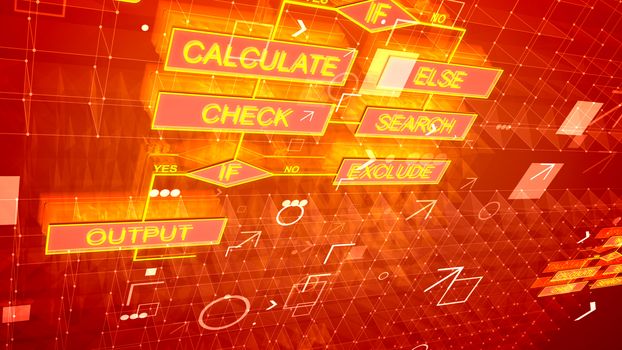 An amazing 3d illustration of techno algorithms located diagonally on several purple surfaces full of golden squares, spots, rounds, arrows, grids and interconnected icons