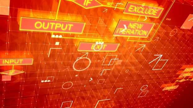 A wonderful 3d rendering of modern algorithms located askew on several purple surfaces full of golden figures, signs, squares, spots, rounds, arrows, grids and interconnected buttons
